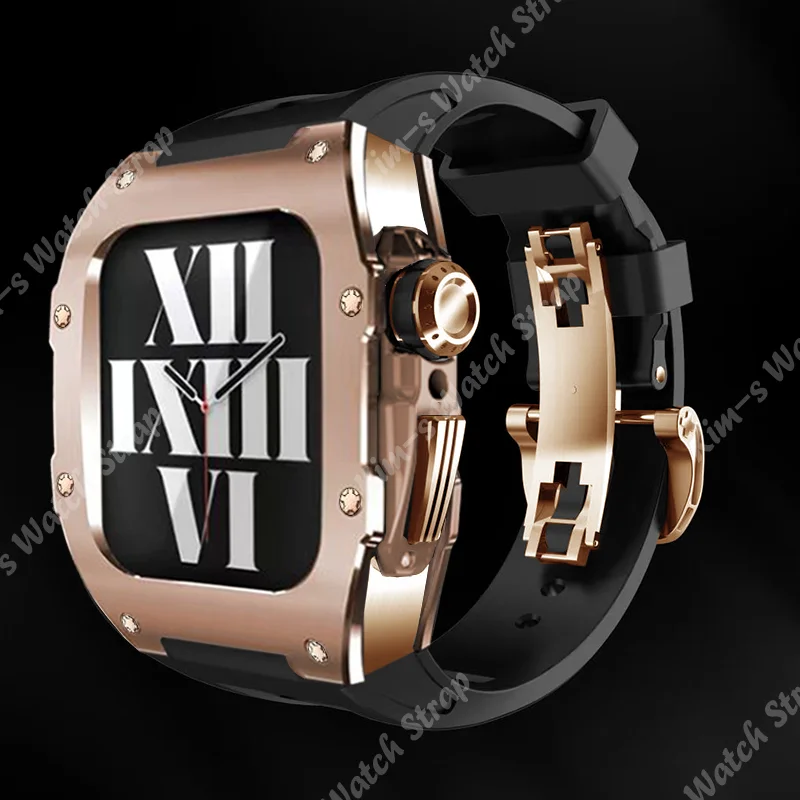 Titanium Alloy Stainless Steel Modification kit for Apple Watch 7 45mm Fluorine Rubber Strap for iWatch 6 SE 5 4 44mm Band Set