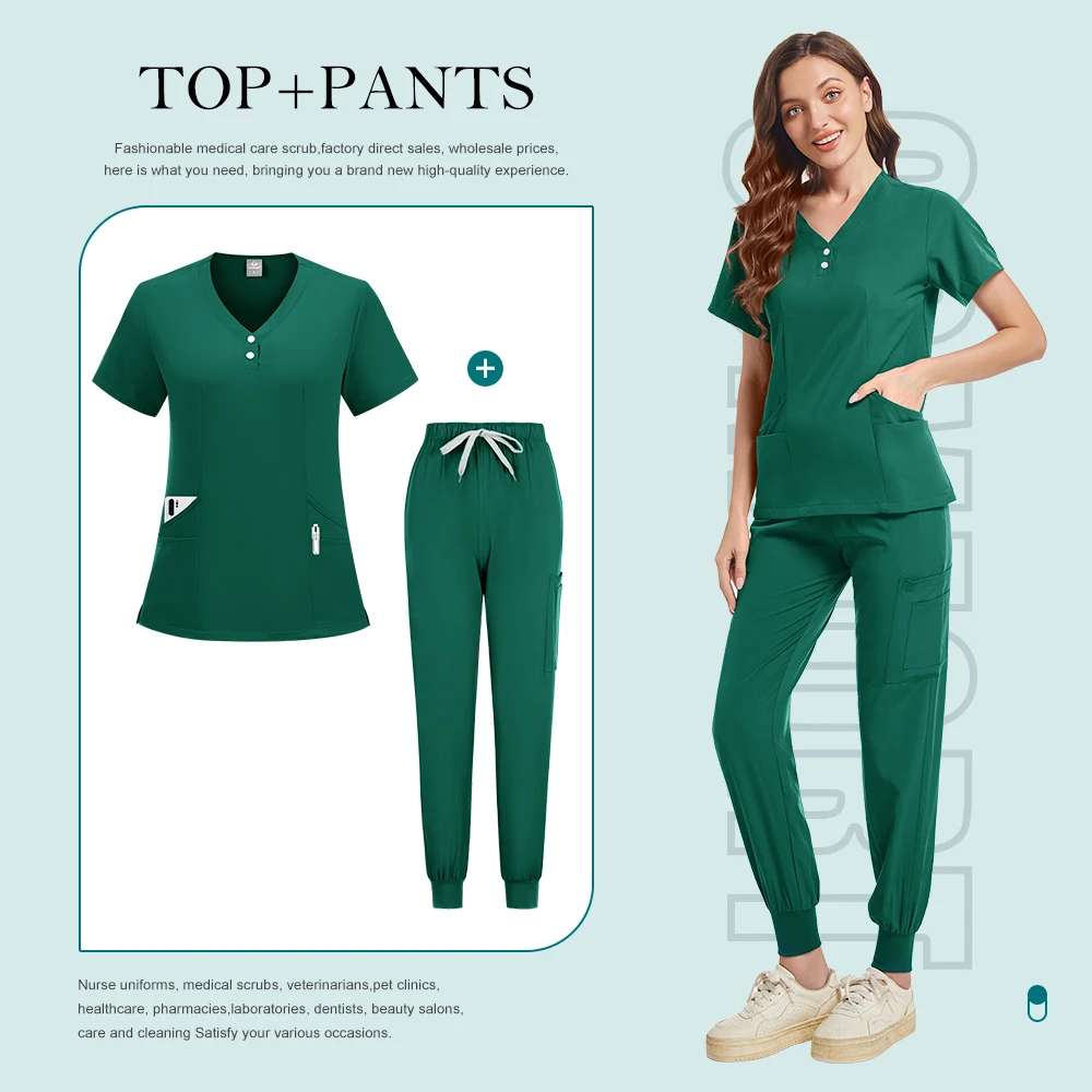 Nurse Women Casual Short Sleeved Apparel Top Pharmacy Working Medical Uniforms Hospital Doctor Nursing Uniform V-neck Jogger Set