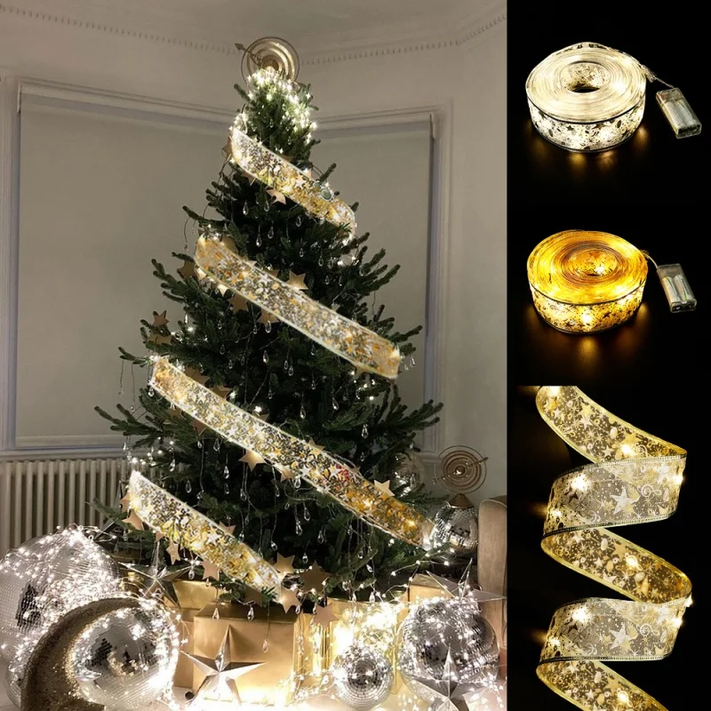 

Cuerdas de luces de hadas de doble capa, lazos de cinta de Navidad con adornos LED para árbol de Navidad, decoración del hogar d