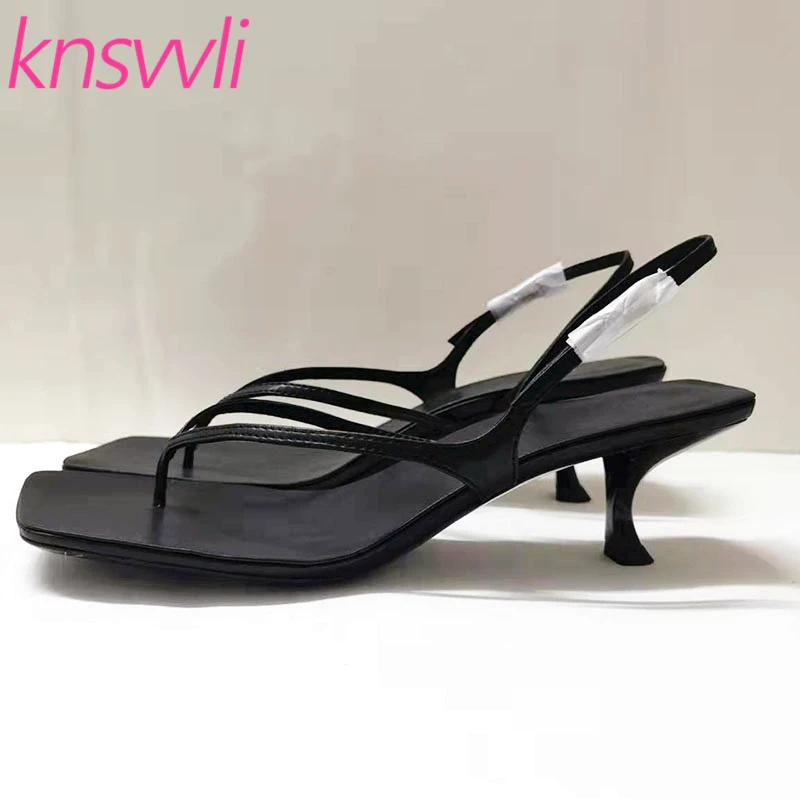 

Summer Kitten Heels Sandals Woman Flip Flops Genuine Leather Narrow Band Runway Shoes Women Sexy High Heels Sandals Women