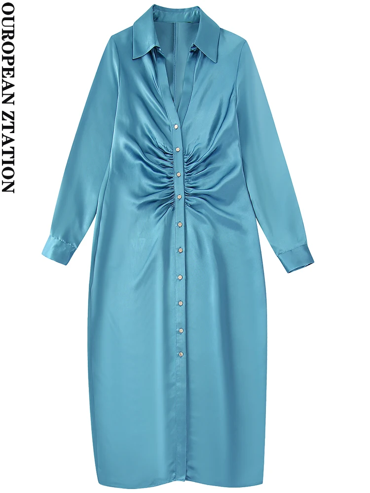 

PAILETE Women 2022 fashion pleated satin midi shirt dress vintage long sleeve front buttons female dresses vestidos mujer