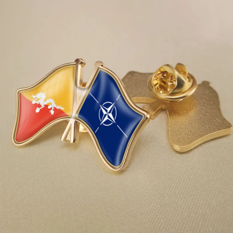

Bhutan and NATO North Atlantic Treaty Organization Crossed Double Friendship Flags Lapel Pins Brooch Badges