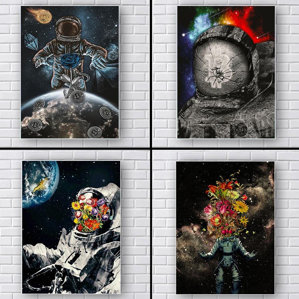 Абстрактный астронавт Космос путешествия настенные художественные плакаты Вселенная Биткоин голубая фотография для украшения гостиной