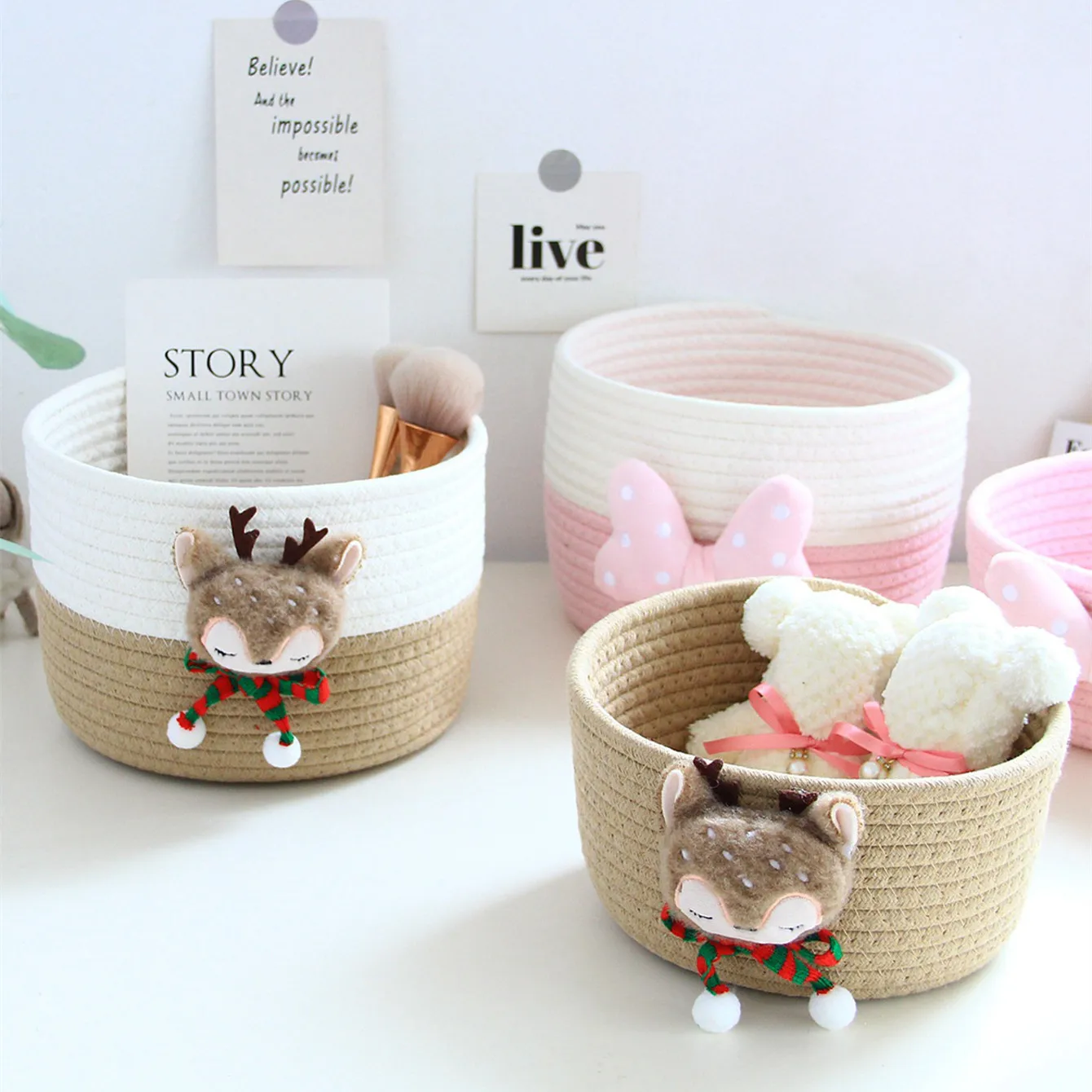 

2PS/set Simple Storage Baskets Cute 3D Pattern Woven Desktop Sundries Toy Organizer Container Women Cosmetic Perfume Arrange Box