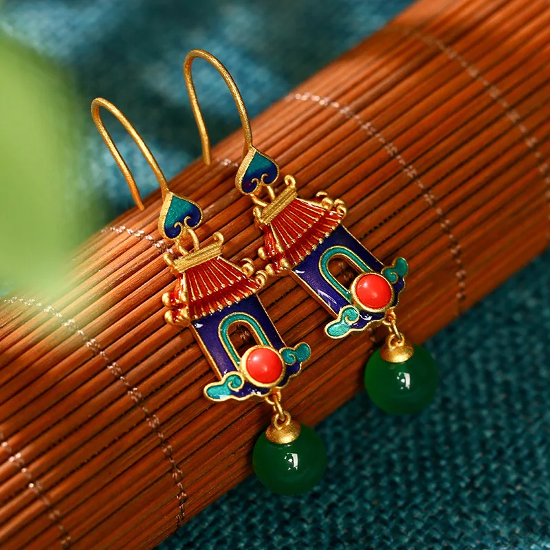 

Women Earring Drop Glue Small Traditional Gold Inlaid Natural Chalcedony Antique Earrings Wholesale Piercing Flower