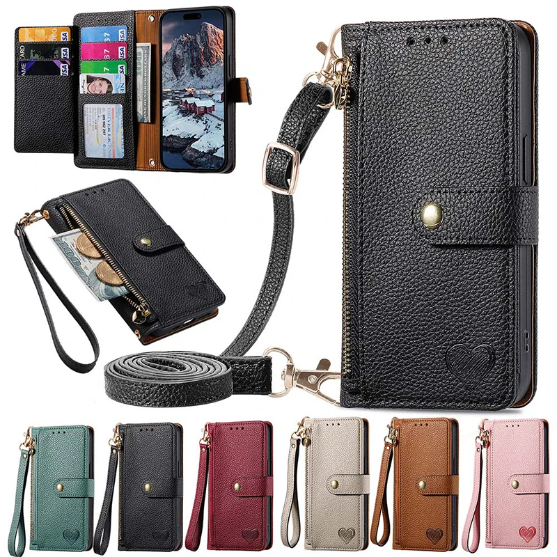 

Lanyard Zipper Leather Wallet Anti-theft Case For iPhone 15 Pro Max 14 Plus 13 12 11 Pro X XR XS Max 7 8 Wrist Strap Phone Cover