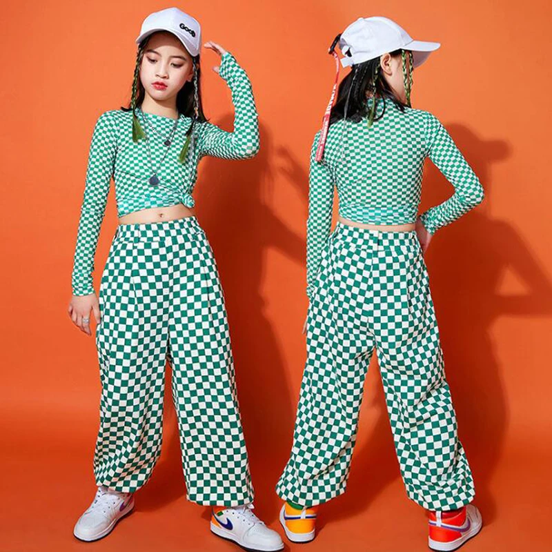 

Kids Kpop Outfits Teen Hip Hop Clothing Checkered Tank Crop Tops Streetwear Pants For Girl Jazz Dance Costumes Show Clothes