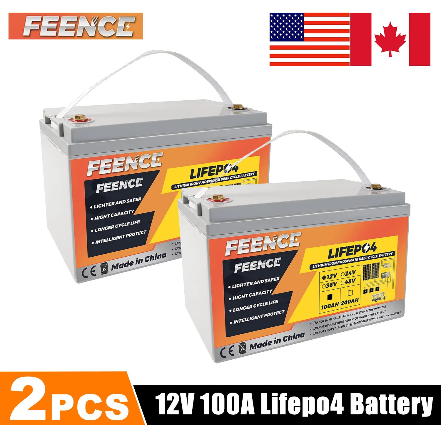 

2pcs 12V 100Ah LiFePO4 Battery 12.8V 4S Power Batteries 4000 Cycles For RV Campers Golf Cart Off-Road Off-grid Solar Wind