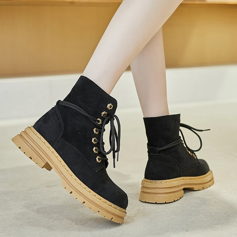 Women's Leather Boots Rough Machine Motorcycle Boots Women's Unisex Round Toe Lace Combat Boots Platform Shoes New Botas Mujer