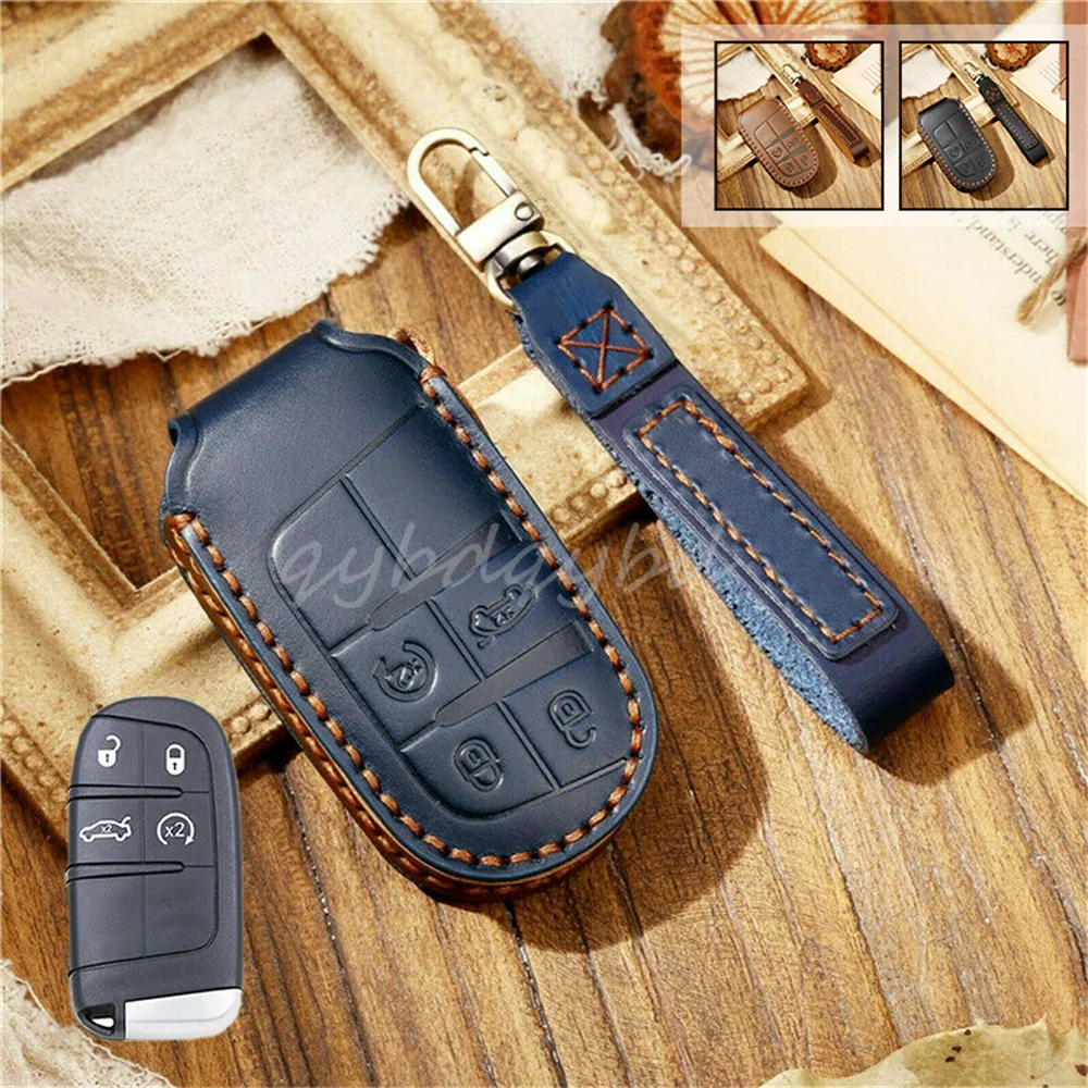 

Leather Car Remote Key Fob Case Cover Holder Shell Protector Bag Skin Keychain For Jeep Chrysler Accessories Styling
