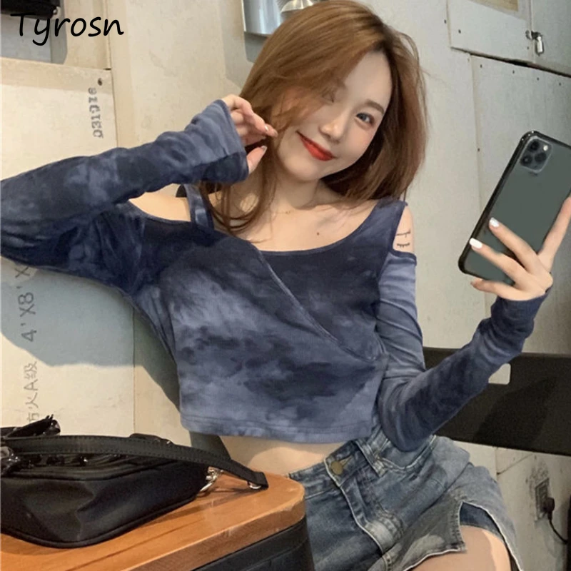 

Tie Dye T-shirts Women Sexy Crop Design Off Shoulder Simple All-match Long-sleeve Harajuku Hot Girls Autumn Popular Personality