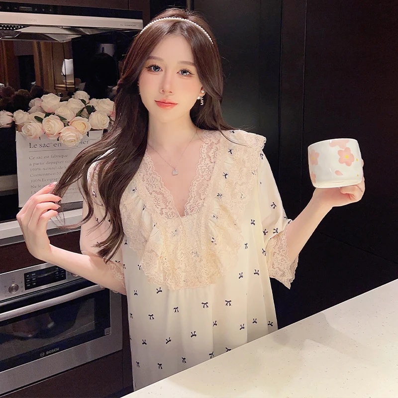 Funishi Ice Silk Nightdress Sweet Summer Pajamas lace Princess Style Cute Sexy Sleepwear пижама женская