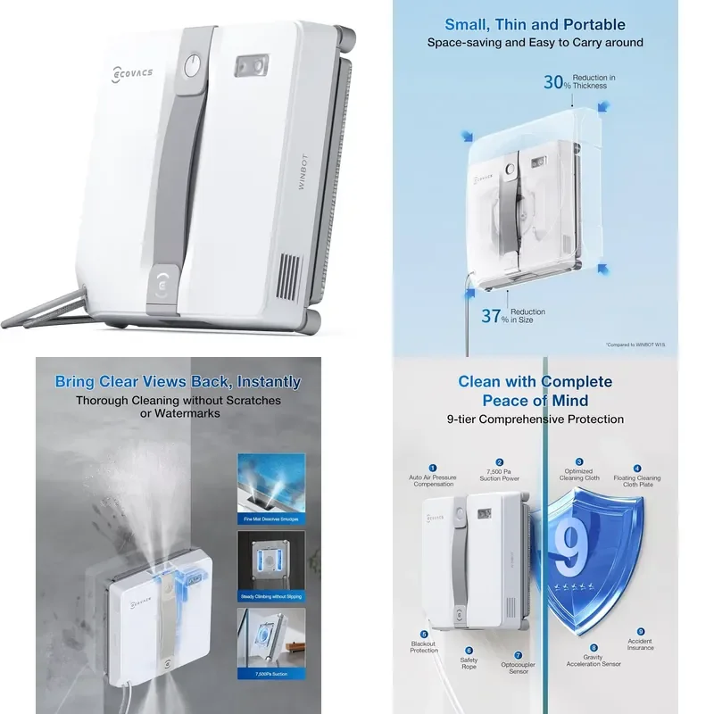 Фото ECOVACS Мини-пылесос для окон с обнаружением края, 7500 Па, умные датчики препятствий, ультразвуковое распыление для очистки грязи и стекол в ванной №1