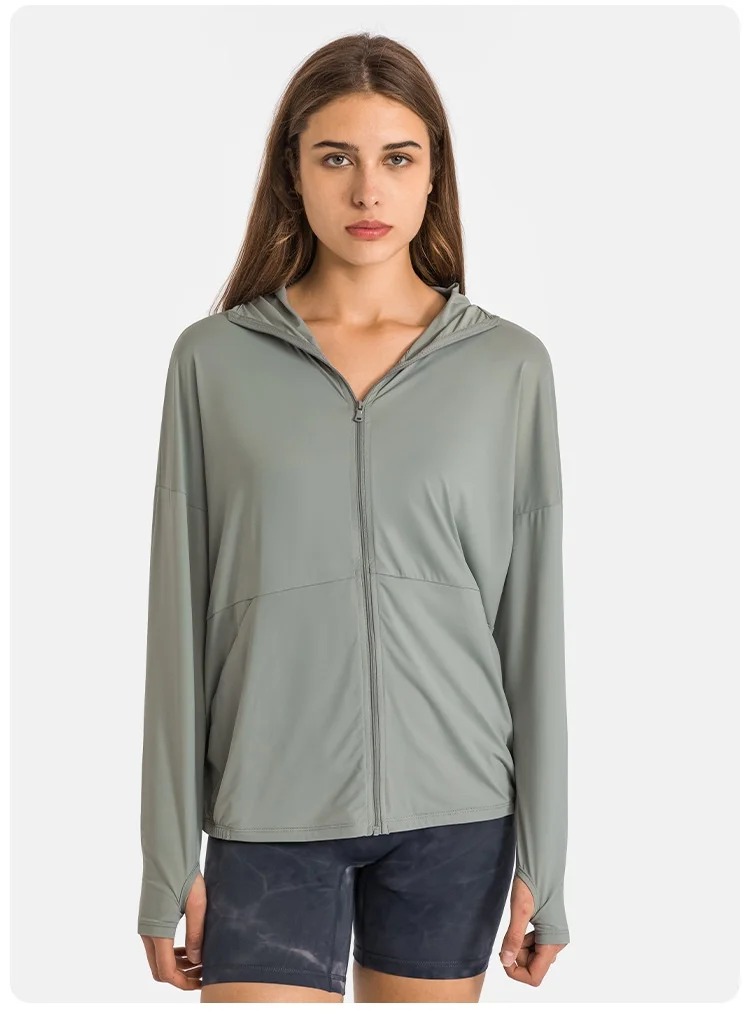 Top Women's Solid Color Sunscreen Clothing Gym Outdoor Fitness Sports Jacket Riding Jacket Hooded Ice Silk Soft and Breathable