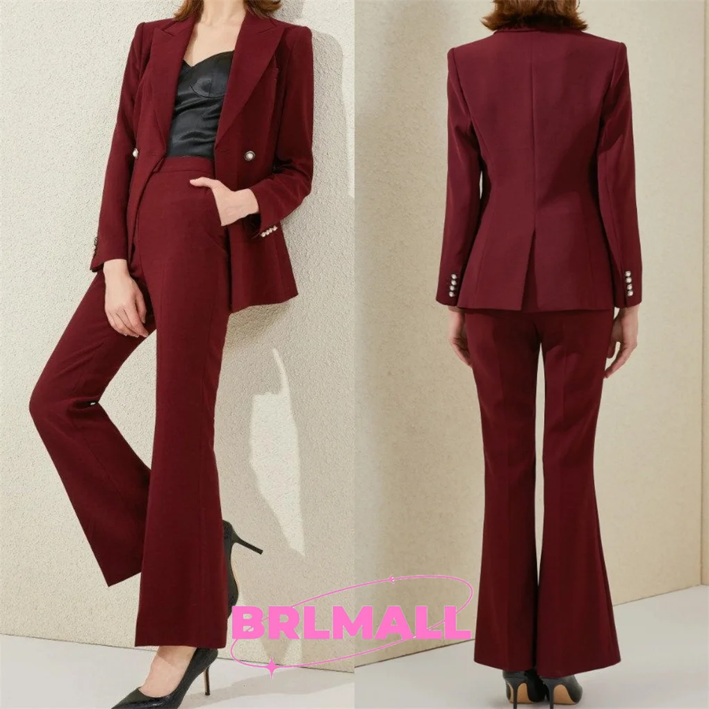 Women Maroon Suit Two Piece Custom Made Double Breasted Premium Cotton Peak Lapel Formal Wedding Bridesmaid Cocktail Bride Wear