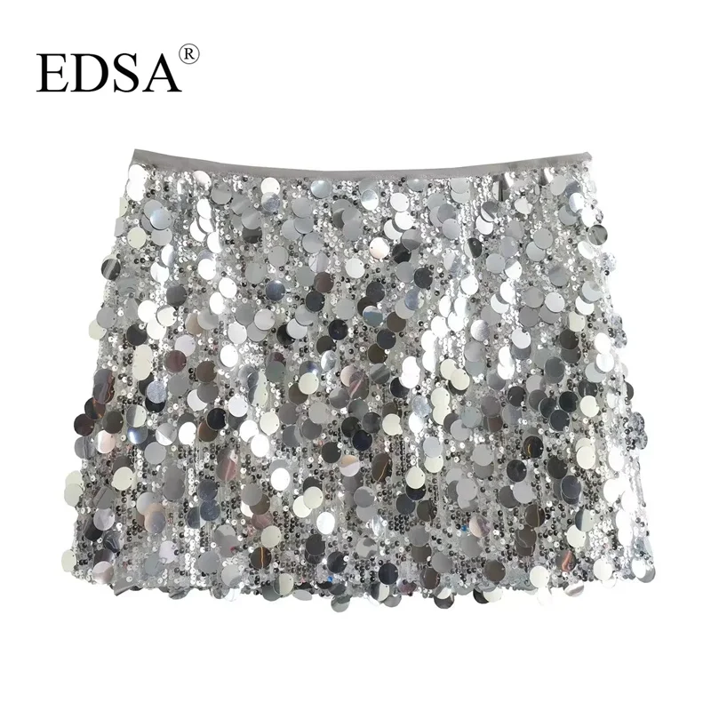 Мини-юбка EDSA женская с блестками модная винтажная шикарная Серебристая юбка на