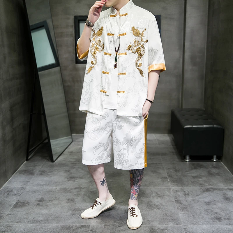 Лето 2022 мужской комплект в китайском стиле мужская одежда Харадзюку шелковое