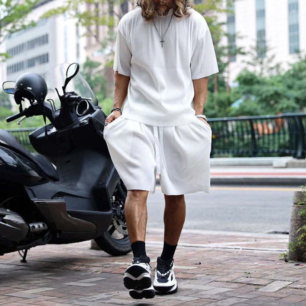 Men Set Suit Summer Stripe Loose Short Sleeve Short Sleeve Solid Harajuku Streetwear Oversize Casual Beach Breathable