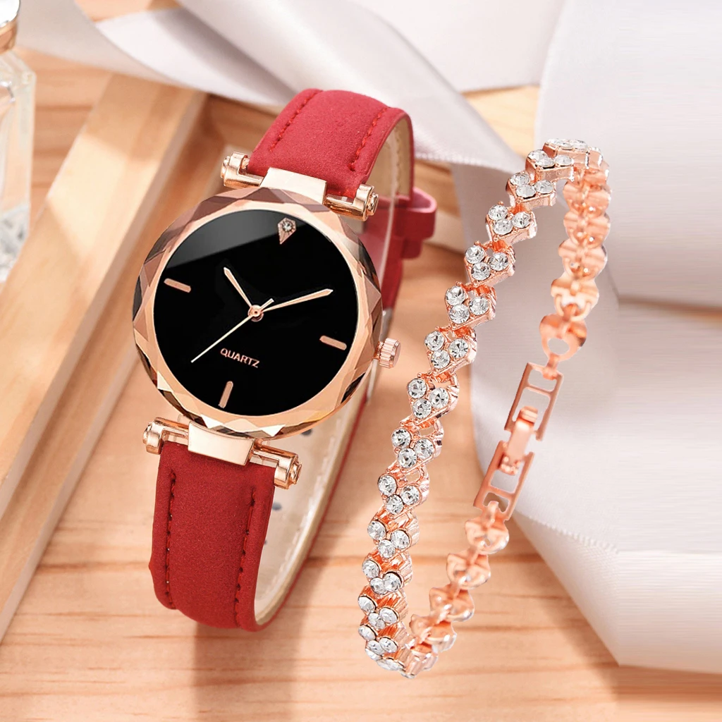 2pcs Luxury Fashion Women Watch Set PU Leather Strap Ladies Quartz Wristwatch Rhinestone RoseGold Alloy Bracelet For Ladies Gift