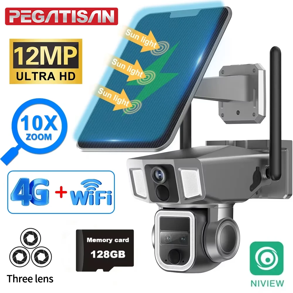 PEGATISAN 6K 4G Wi-Fi Солнечная камера 10-кратный оптический зум Трехобъектив PTZ Открытый