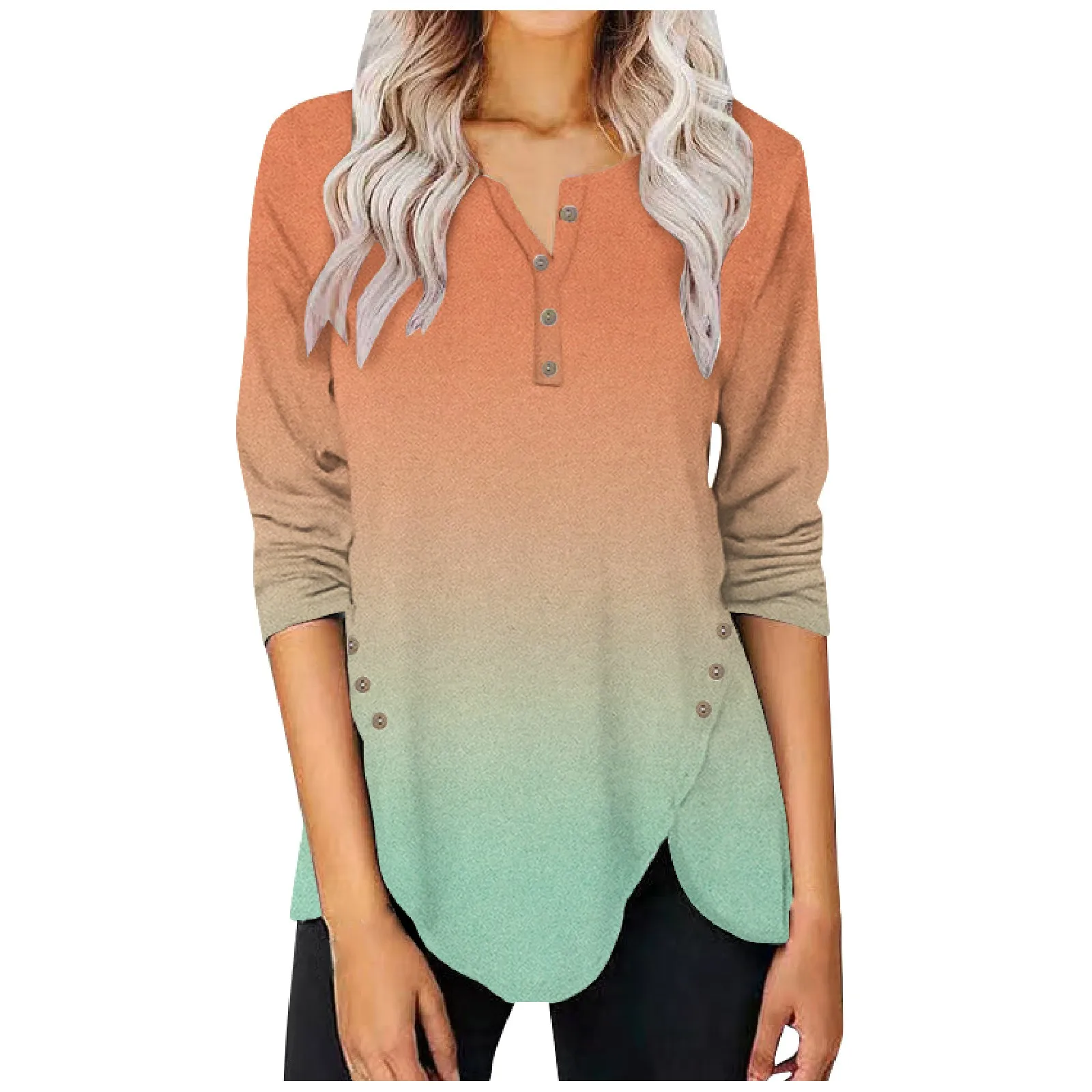 

Women's Tops Retro Gradient Round Neck Long Sleeve Irregular Hem Button T-shirt Female Loose Soft Tops Ropa De Mujer