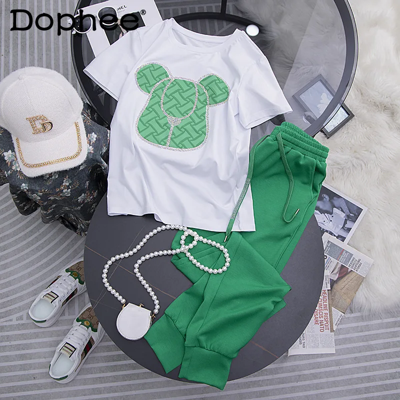 

Fashion Short Sleeve 2-Piece Set Women's Summer New Loose Slimming Cute Cartoon White T-shirt + Casual Sweatpants Two-Piece Suit