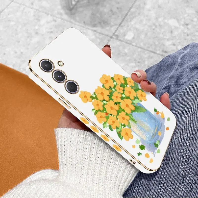 Oil Painting Flower Luxury Plating Phone Case For Samsung Galaxy A54 A34 A24 A73 A53 A52 A52S A04S A04E A72 Cover