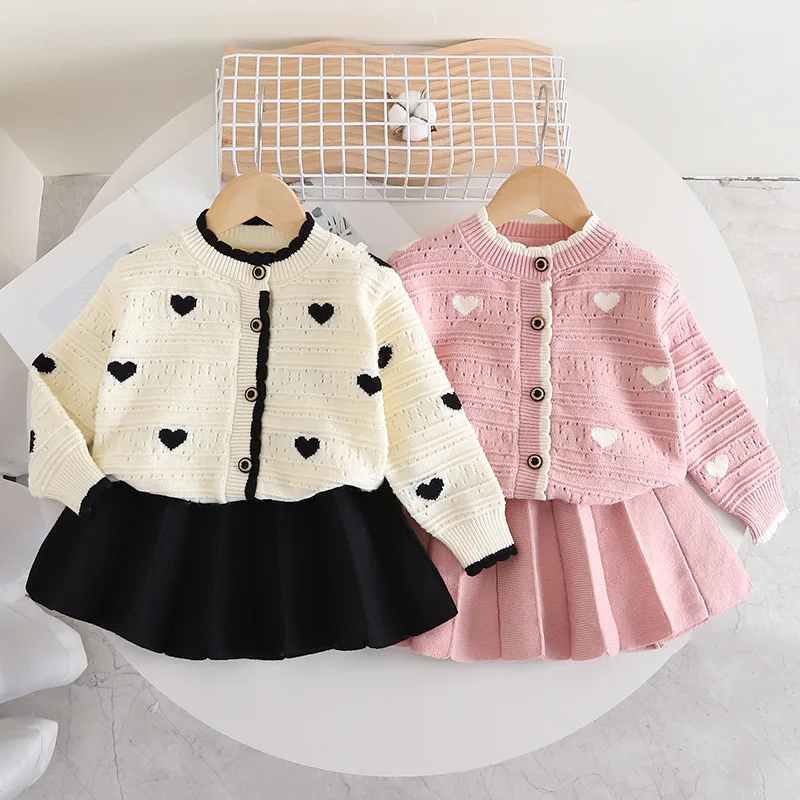 

Girls Knitted Sets Outfit Baby Girl Sweet Love Hollow Sweater Jacket Skirt Two-Piece Set Autumn Winter Korean Children Clothing