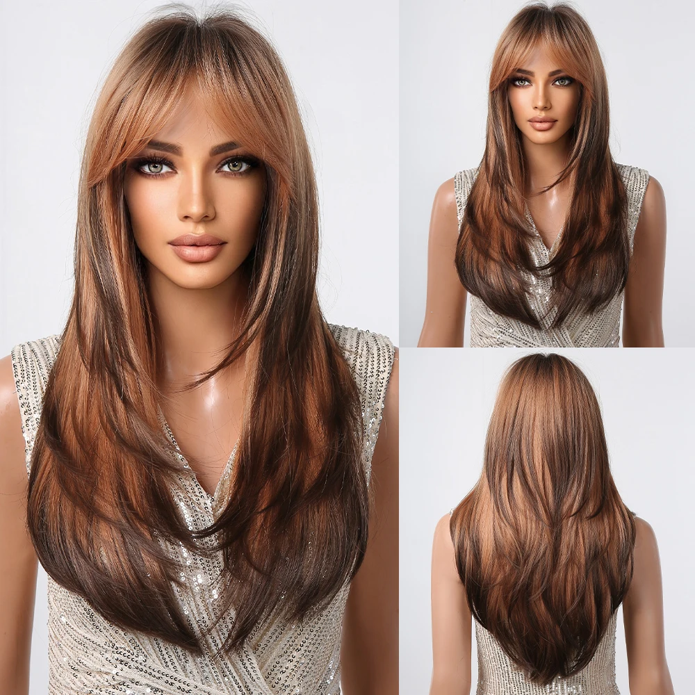 

Ombre Brown Blonde Layered Synthetic Wigs for Women Long Straight Brown Highlights Hair Wigs with Bangs Cosplay Heat Resistant