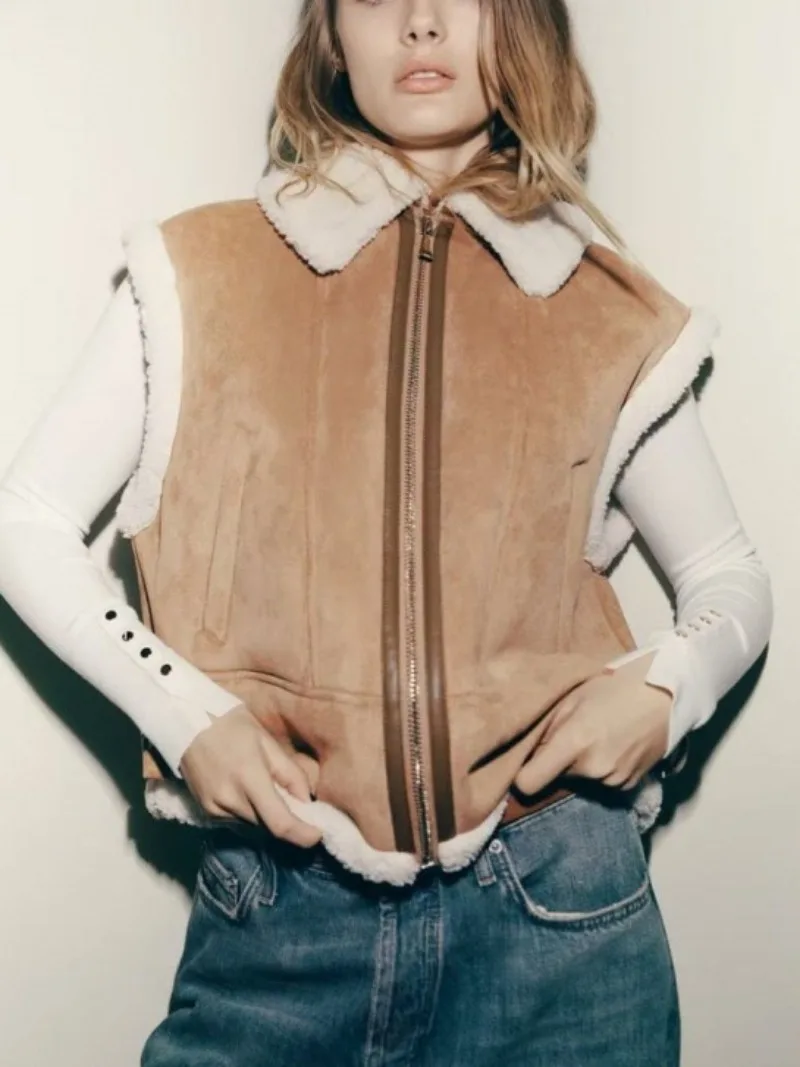 

2023 Women's Vest Autumn Winter Turn-down Collar Sleeveless Coats Streetwear Casual Zipper Patchwork Tops Waistcoats Streetwear