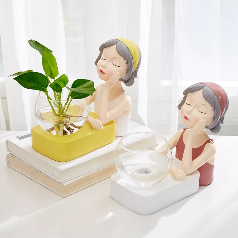 

Nordic Girl Hydroponic Vase Resin Character Model Glass Tabletop Plant Wedding Decor Modern Home Decoration Household