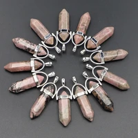 natural stone rhodonite hexagonal column pillar point pendants charms quartz crystal accessories necklace jewelry making 24pcs