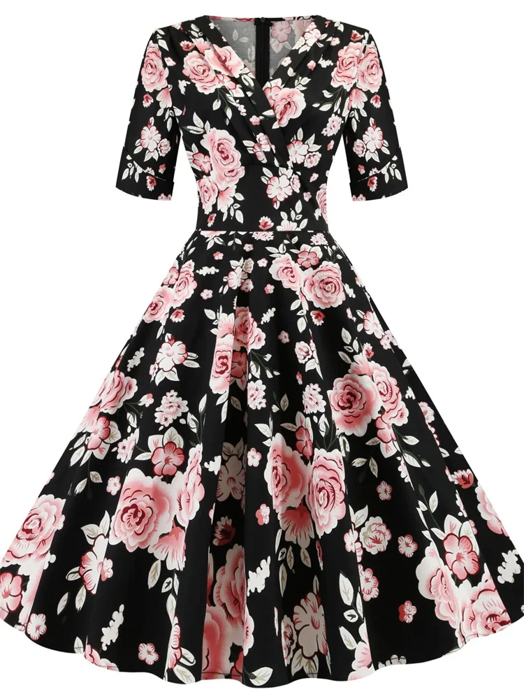 

Женское винтажное платье с цветочным принтом, хлопковое платье в стиле Хепберн с коротким рукавом, пышной юбкой в стиле ретро 50-60-х годов, Но...
