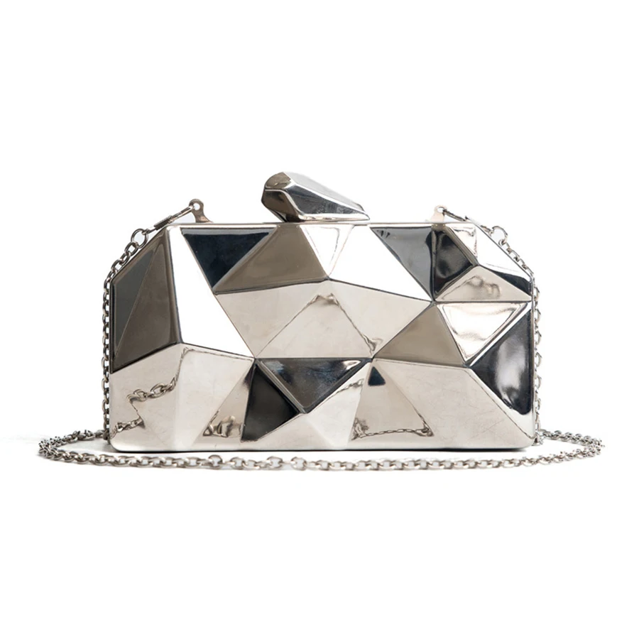 Women Handbags Metal High Quality Hexagon Clutches Fashion Geometric Mini Party Black Evening Purse Silver Bags Gold Box Clutch