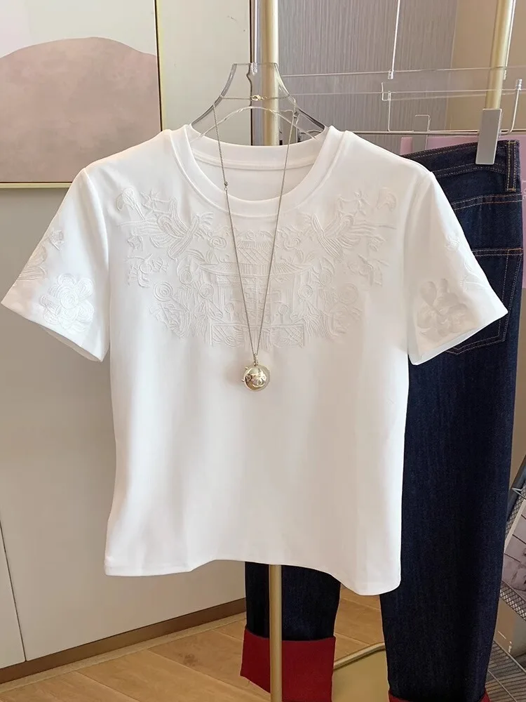 Модный дизайн однотонная футболка с короткими рукавами и вышивкой для тяжелой