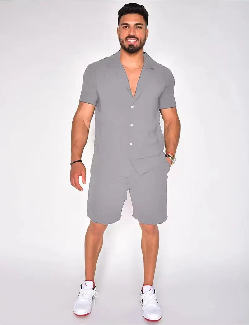 Hot Selling Hawaiian Popular Men's Summer Lapel Cotton Linen Solid Short Sleeved Shorts Set