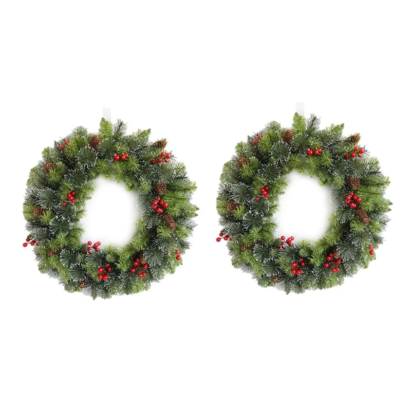 

2PCS Pine Needle Red Fruit Decorative Wreath Window Arrangement Front Door Window Hanging Wreath 30Cm