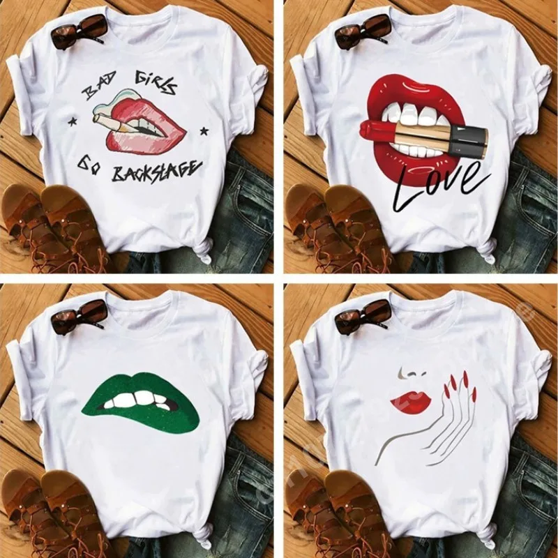 

Lip Print T-Shirts Women Clothes Summer Casual Short Sleeve Y2k Tops Graphic T Shirt Female Harajuku Oversized Loose White Tees