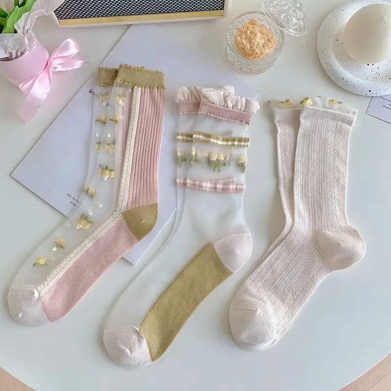 10pairs Summer New Retro Afternoon Garden Kanekalon Tube Socks Women's Breathable Lace Fresh Women's Socks Thin