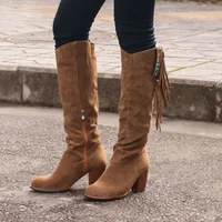 2022 new fashion women shoes knee high western ridding brown boots lady wedge heel tassels cowboy long boots autumn female shoes