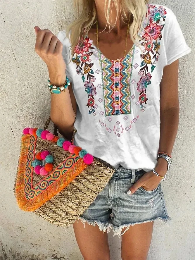 

Женская летняя одежда 2022, рубашка, Женская богемная Повседневная рубашка с V-образным вырезом и длинным рукавом, цветочным принтом для берем...