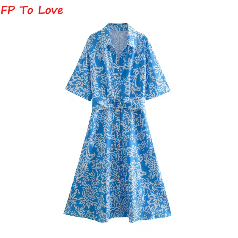 

FP To Love 2022, винтажное летнее синее платье с принтом, шикарное однобортное платье миди, платье-рубашка из смеси льна