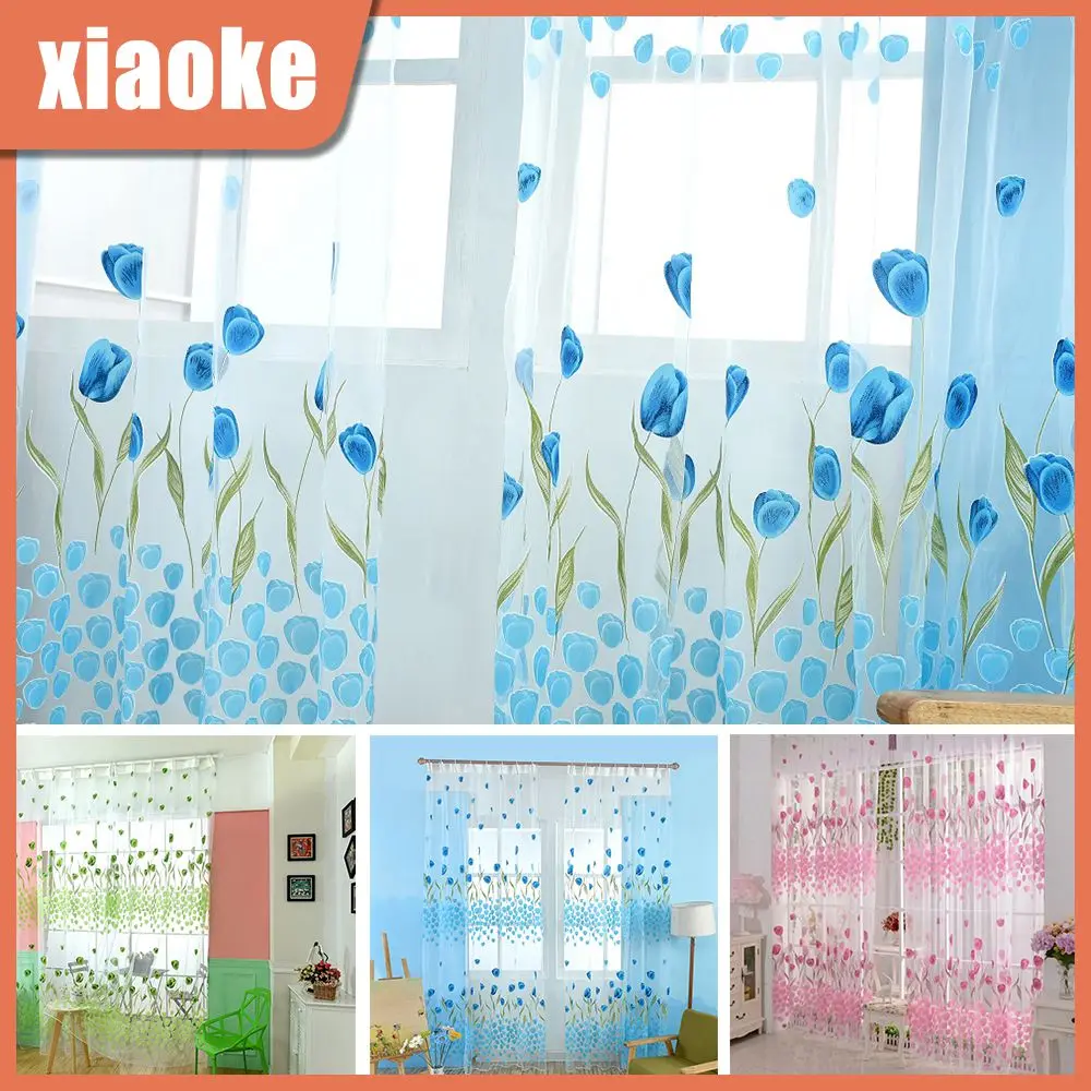 

Semi-shading Partition Tulip Tulle Print Drape Light Weight Sun Shape Sheer Voile Curtains Window Decor Curtains Screens