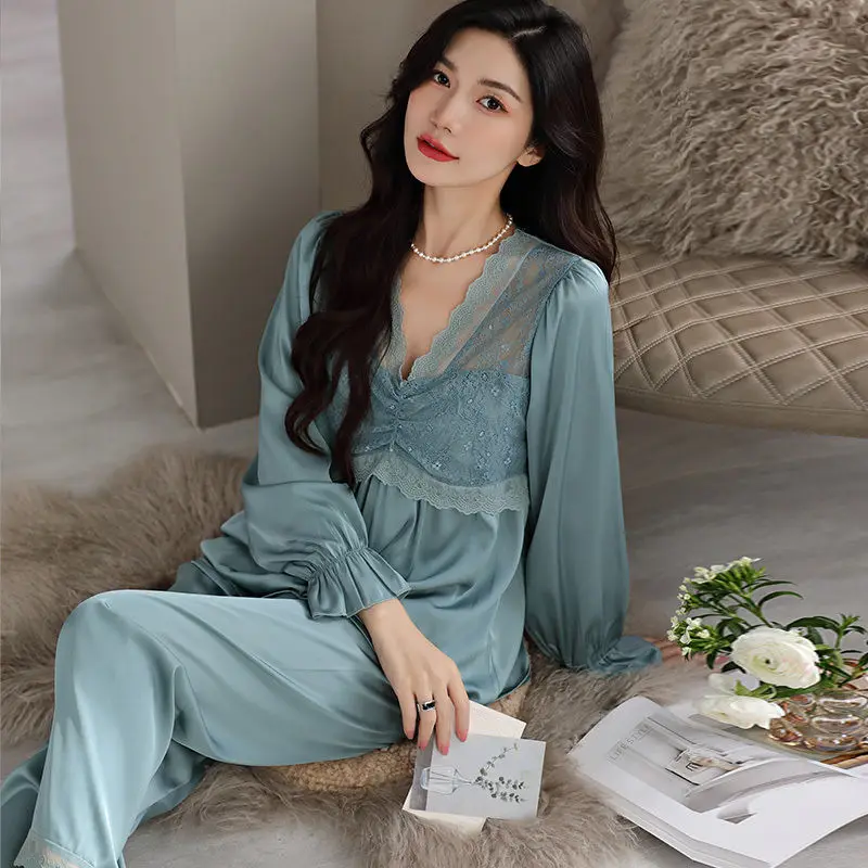 1 Pajamas Women's Spring and Autumn Ice Silk Thin Long Sleeve Large Size 2023 New Home Clothes