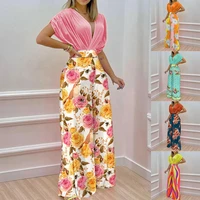 2022 new trendy casual summer two piece set women fashion v neck ruched bating sleeve top and printed wide leg pants suits