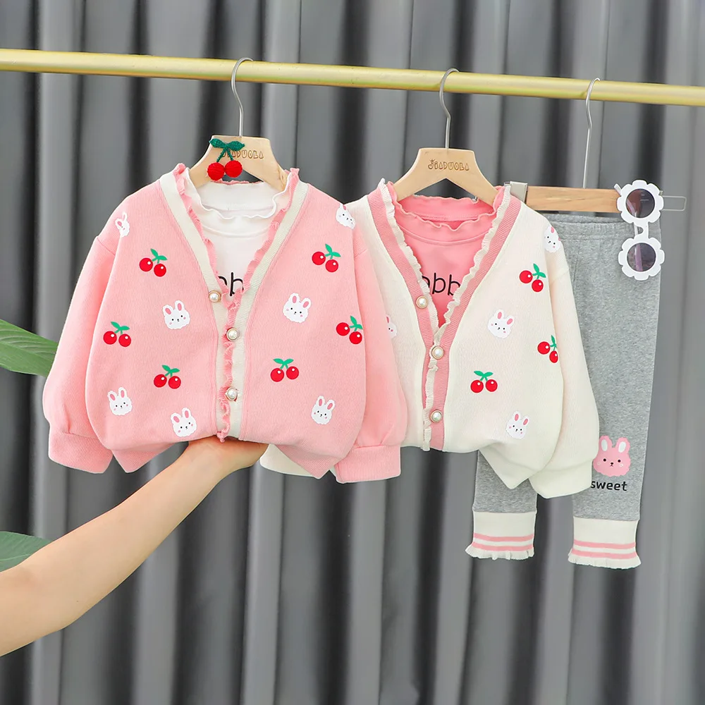 

Coat Outfit Girl Leggings Clothes Spring Girl Cotton Rabbit Pants Kids Set Suit Baby 2023 Korean Undershirt Cherry Cardigan