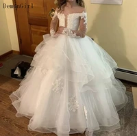 off the shoulder long sleeve flower girl dress for wedding lace appliques puffy organza ball gown for girls
