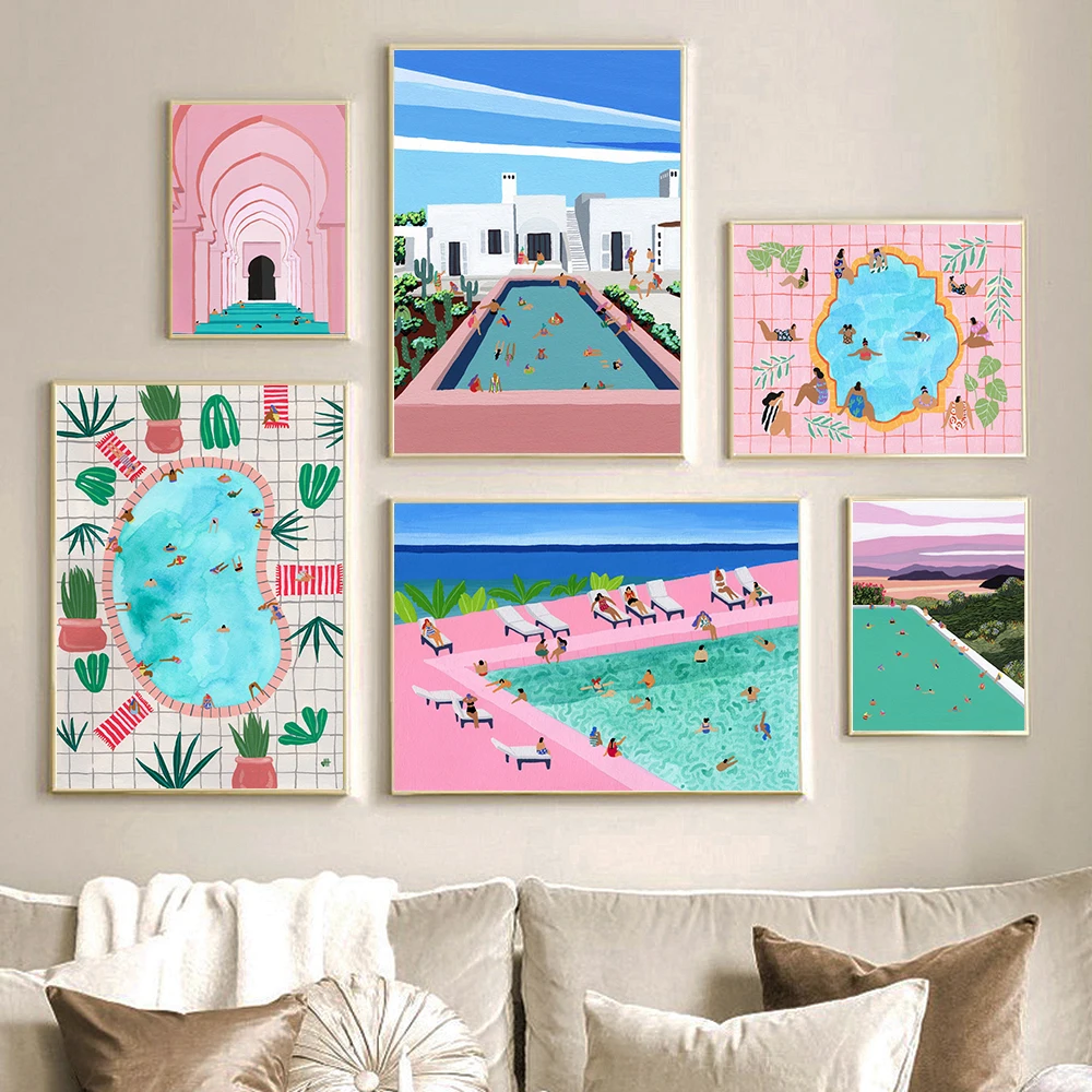 Scandinavian Pink Coastal Posters and Prints Summer Pool Party Beach Swimming Abstract Wall Canvas Painting Pictures Home Decor