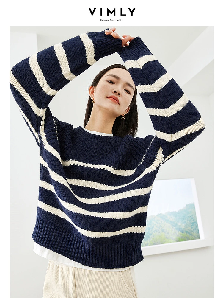 

Vimly Contrast Striped Knitted Sweaters Women 2023 Winter Thick O-neck Jumpers Knitwear Casual Loose Long Sleeve Knit Tops 72597