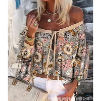 women t shirt summer loose print lace up off shoulder t shirt sexy long sleeve backless slash neck pullover hollow out t shirt